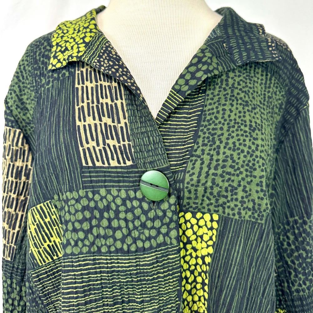 HABITAT Green Crinkle Patchwork Button Front Tunic Women's XL Lagenlook Artsy - Picture 2 of 7
